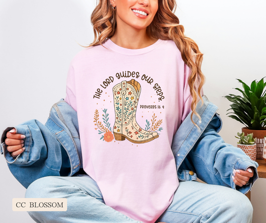 Adult Lord Guides Our Steps Cowgirl Boots Comfort Colors Tee