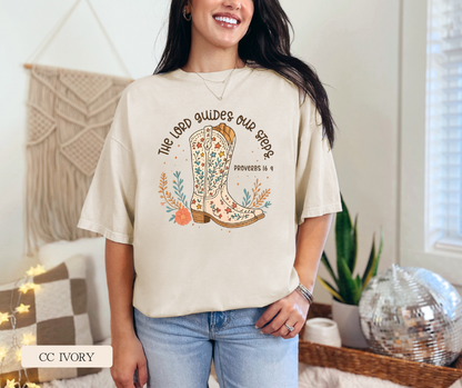 Adult Lord Guides Our Steps Cowgirl Boots Comfort Colors Tee
