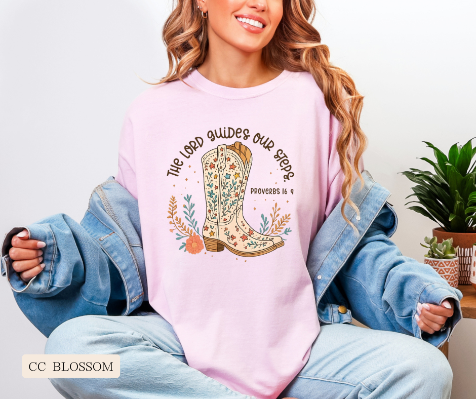 Adult Lord Guides Our Steps Cowgirl Boots Comfort Colors Tee