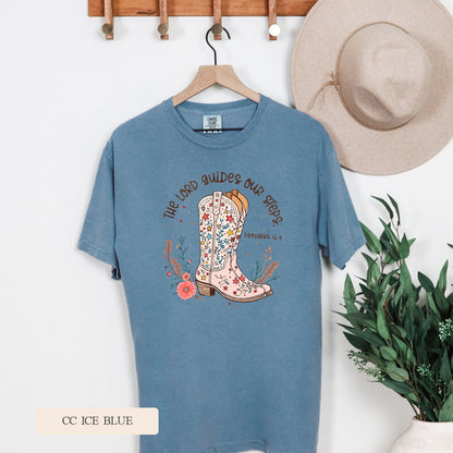 Youth Comfort Colors Short Sleeve Lord Guides Our Steps Cowgirl Boots T Shirt