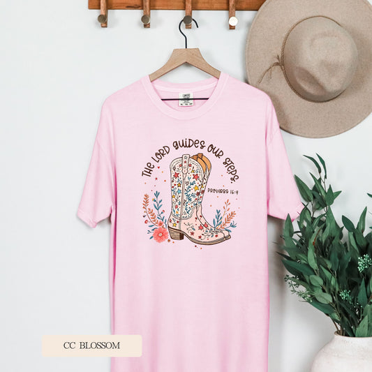 Youth Comfort Colors Short Sleeve Lord Guides Our Steps Cowgirl Boots T Shirt