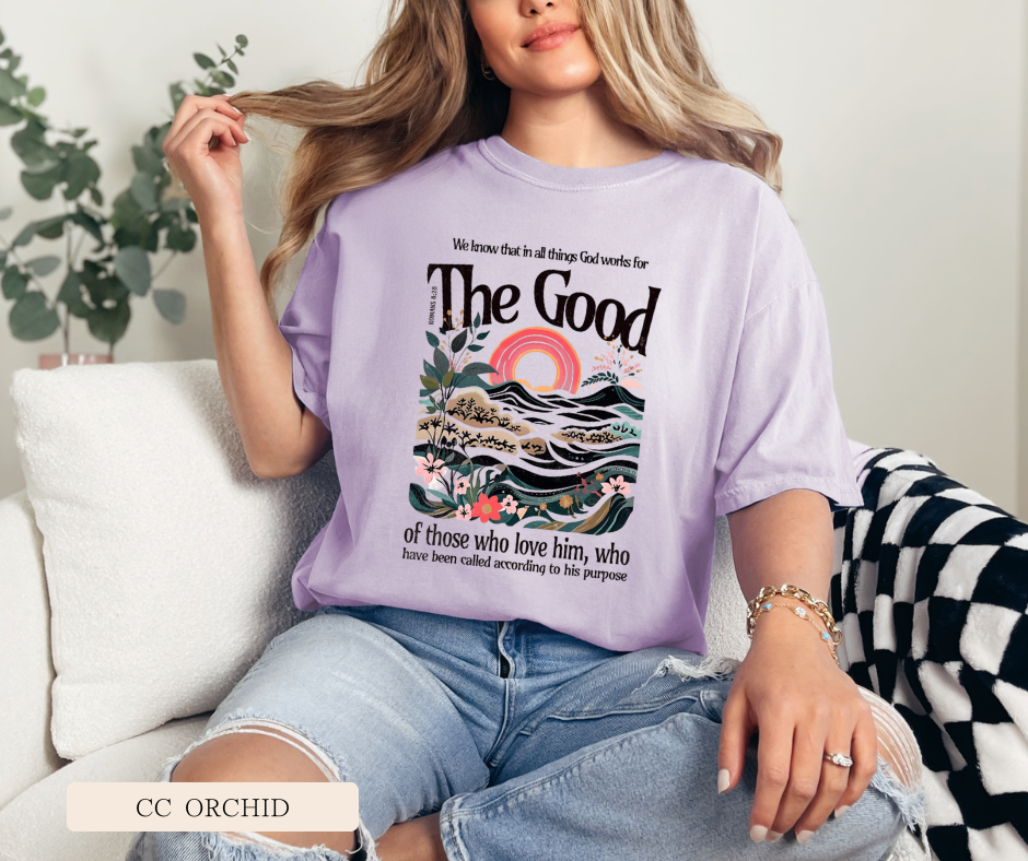 Adult God Works For The Good Comfort Colors Tee