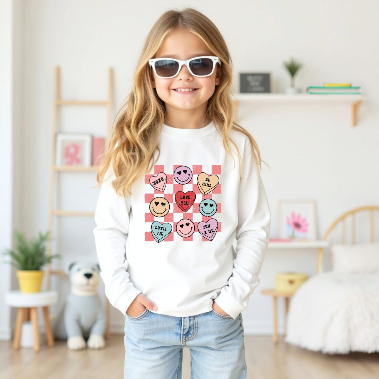 Youth/Toddler Checkerboard Candy Hearts Tee Valentine's Day Long Sleeve
