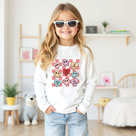 Youth/Toddler Checkerboard Candy Hearts Tee Valentine's Day Long Sleeve