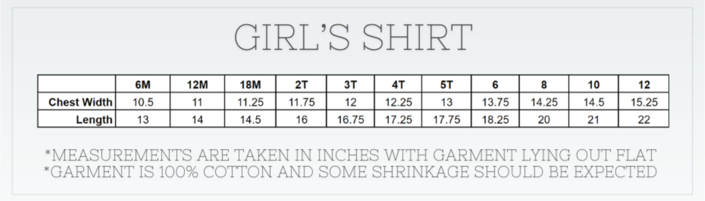 Size chart for a girl's shirt with chest width and length measurements.