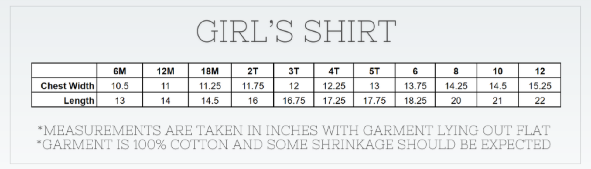 Size chart for a girl's shirt with chest width and length measurements.