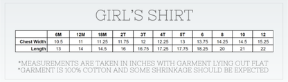 Size chart for a girl's shirt with chest width and length measurements.