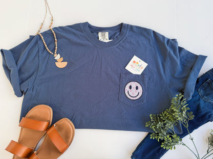 Smiley Face Pocket Tee- Short-Sleeve Comfort Colors Tee