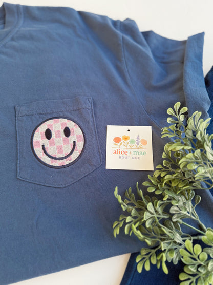 Smiley Face Pocket Tee- Short-Sleeve Comfort Colors Tee