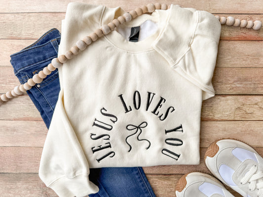 "Jesus Loves You" Embroidered Sweatshirt (Black & White)